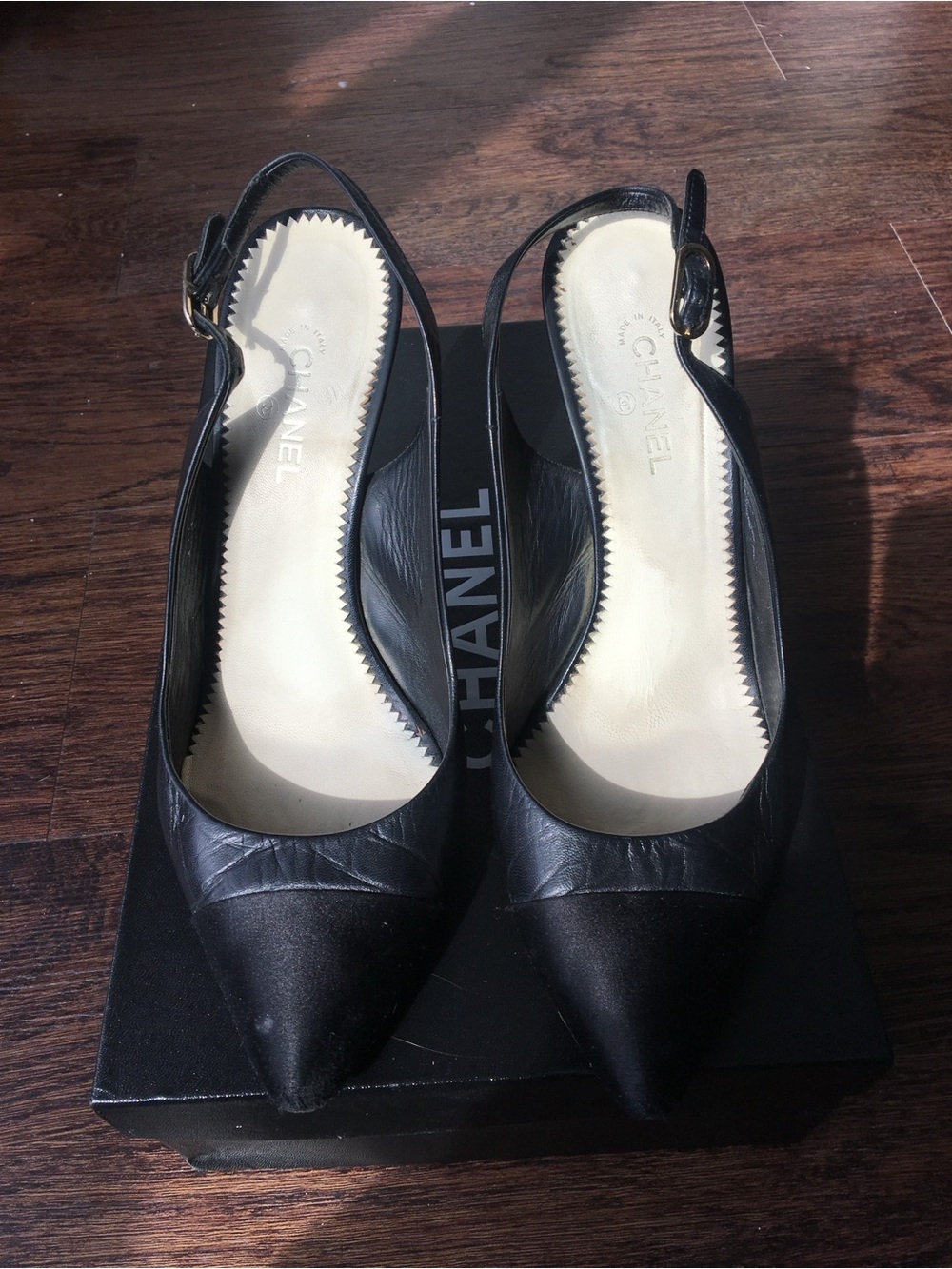 Vintage CHANEL Black Leather Satin Slingback Pumps Gold CC — Size 40